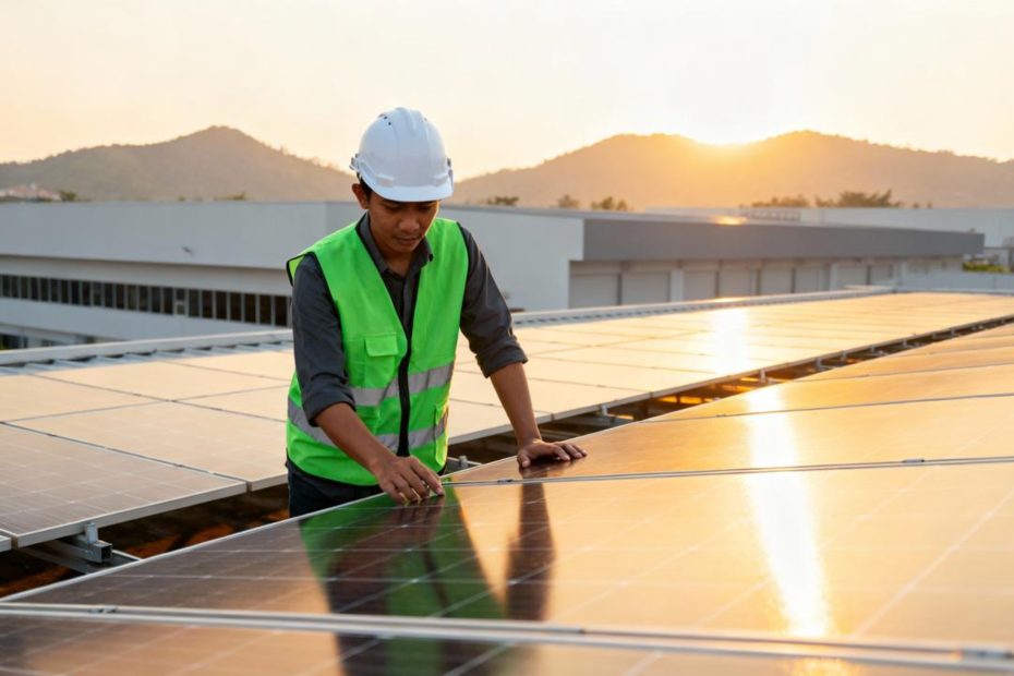 Insinyur Indonesia memeriksa panel surya di atap pabrik sebagai bagian dari program CSR energi bersih yang mendukung keberlanjutan bisnis dan tanggung jawab lingkungan.